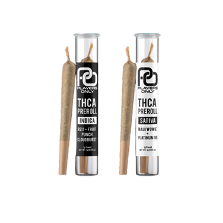 An image showcasing the individual tubes containing the "Players Only 2ct THCA Preroll" joints. Each tube is clearly labeled for Indica or Sativa strains. The tubes have a practical, travel-friendly design with a clear label, making it easy for consumers to distinguish between the different strains.