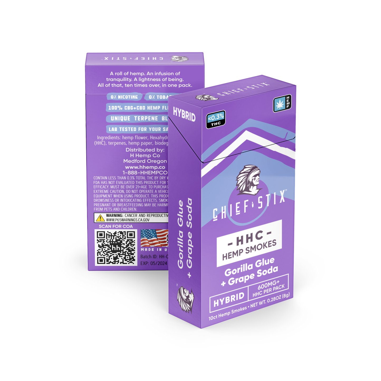 Chief Stix HHC Hemp Smokes 10ct 600mg Gorilla Glue + Grape Soda Hybrid - (10pk Carton) - hhemp.co Wholesale 