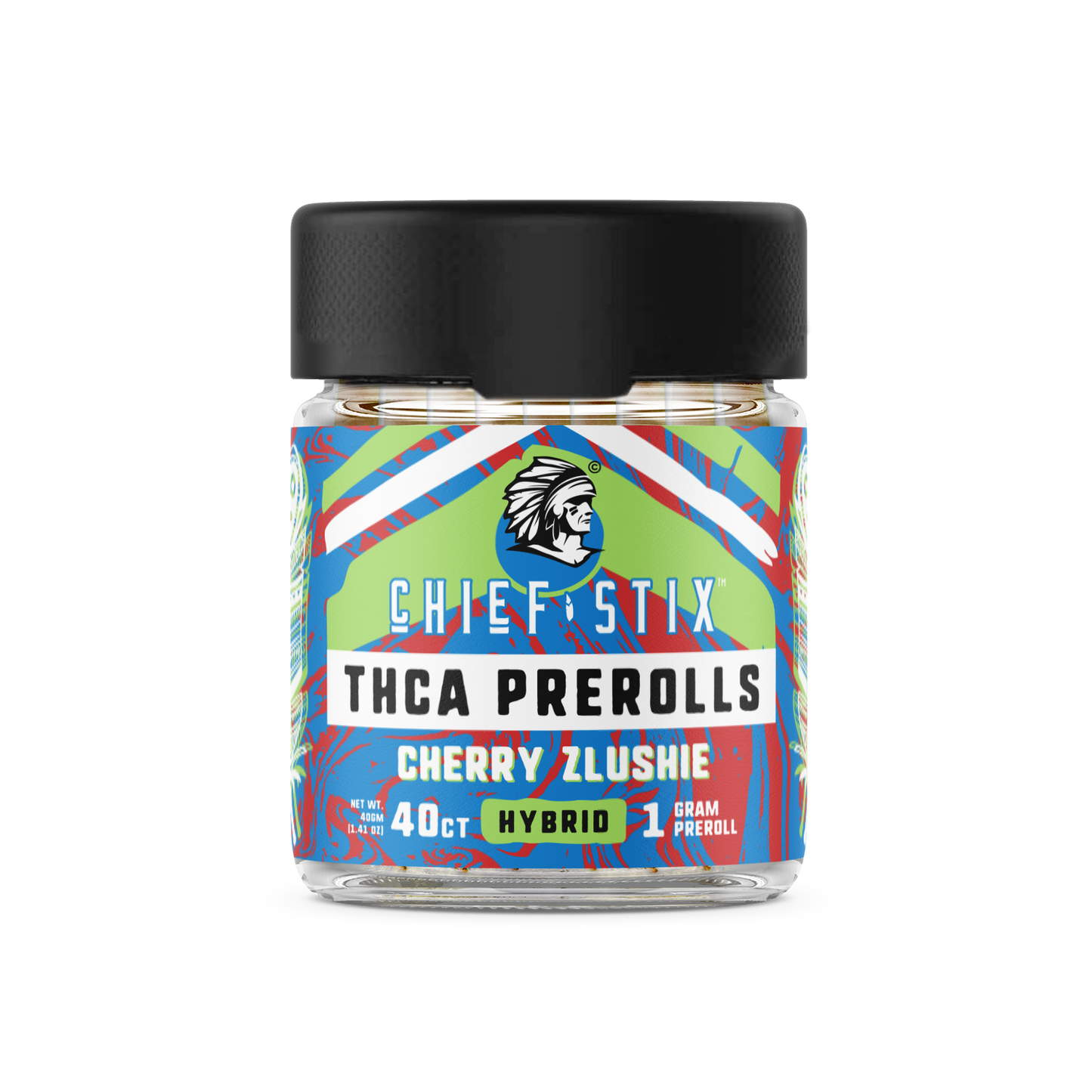 A product image showcasing the "Chief Stix THCA Preroll 40ct Cherry Zlushie - Hybrid." The packaging features a sleek and modern design with bold branding and the strain name "Cherry Zlushie" prominently displayed. The box contains 40 prerolls and highlights its hybrid strain characteristics. The packaging has a clean, professional appearance with a focus on quality, appealing to both retailers and consumers.