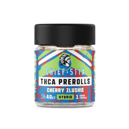 A product image showcasing the "Chief Stix THCA Preroll 40ct Cherry Zlushie - Hybrid." The packaging features a sleek and modern design with bold branding and the strain name "Cherry Zlushie" prominently displayed. The box contains 40 prerolls and highlights its hybrid strain characteristics. The packaging has a clean, professional appearance with a focus on quality, appealing to both retailers and consumers.