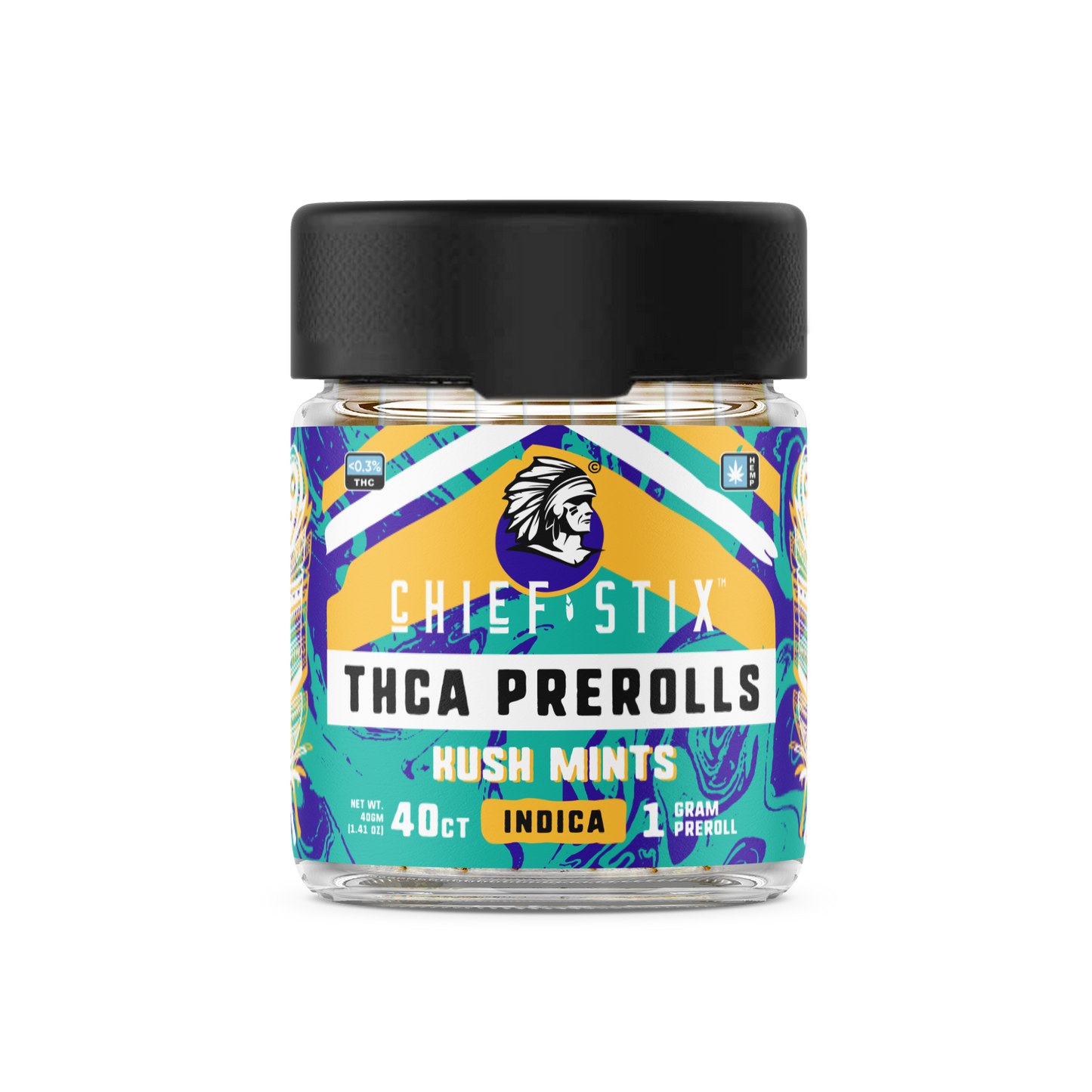 A product image showcasing the "Chief Stix THCA Preroll 40ct Kush Mints - Indica." The packaging features a sleek and modern design with bold branding and the strain name "Kush Mints" prominently displayed. The box contains 40 prerolls and highlights its Indica strain characteristics. The packaging has a clean, professional appearance with a focus on quality, appealing to both retailers and consumers.