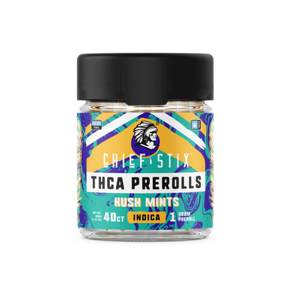 A product image showcasing the "Chief Stix THCA Preroll 40ct Kush Mints - Indica." The packaging features a sleek and modern design with bold branding and the strain name "Kush Mints" prominently displayed. The box contains 40 prerolls and highlights its Indica strain characteristics. The packaging has a clean, professional appearance with a focus on quality, appealing to both retailers and consumers.