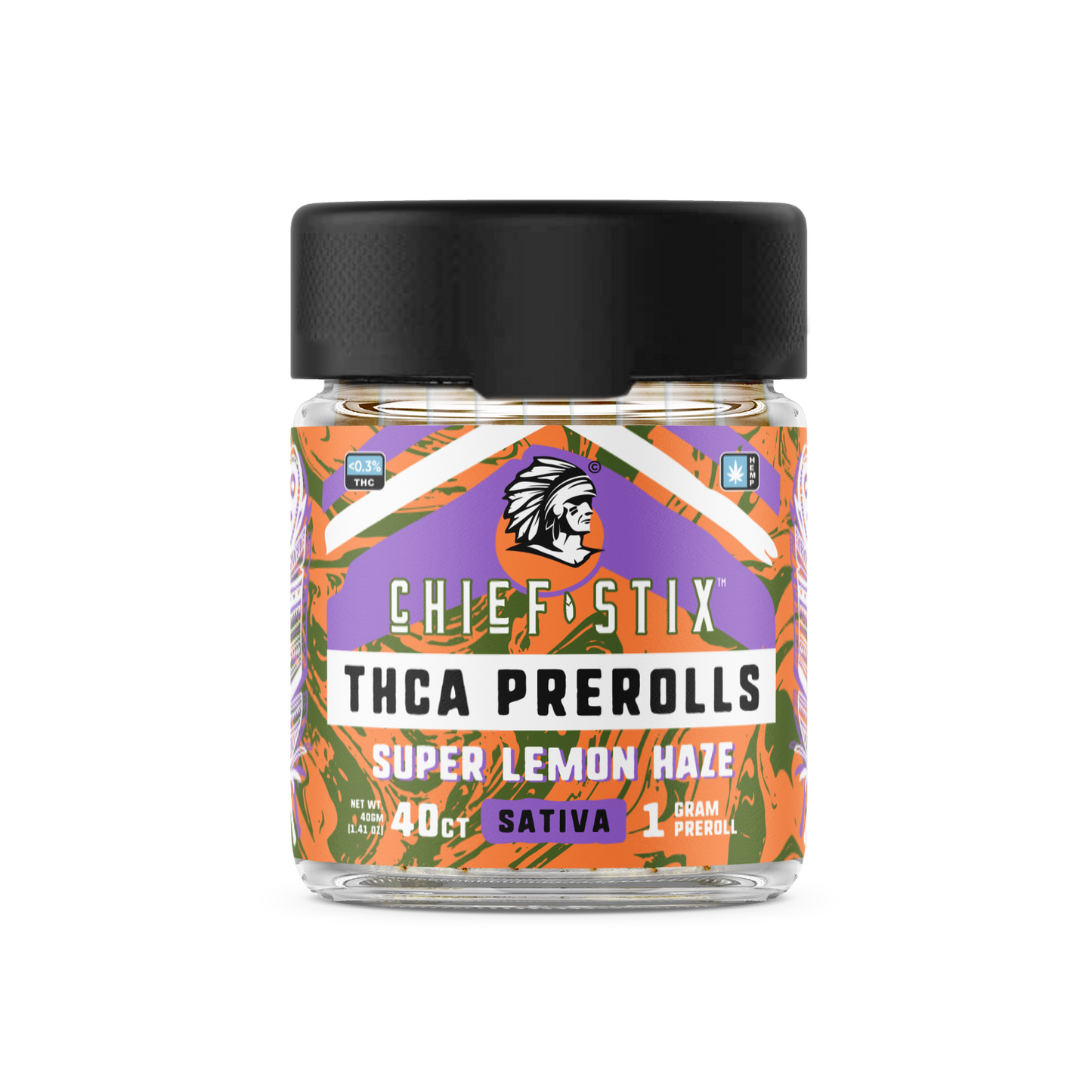 A product image showcasing the "Chief Stix THCA Preroll 40ct Super Lemon Haze - Sativa" The packaging features a sleek and modern design with bold branding and the strain name "Super Lemons Haze" prominently displayed. The box contains 40 prerolls and highlights its Sativa strain characteristics. The packaging has a clean, professional appearance with a focus on quality, appealing to both retailers and consumers.