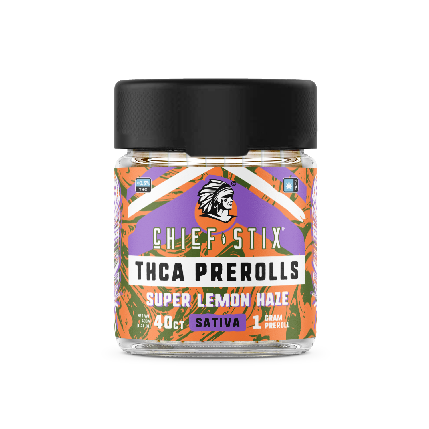 A product image showcasing the "Chief Stix THCA Preroll 40ct Super Lemon Haze - Sativa" The packaging features a sleek and modern design with bold branding and the strain name "Super Lemons Haze" prominently displayed. The box contains 40 prerolls and highlights its Sativa strain characteristics. The packaging has a clean, professional appearance with a focus on quality, appealing to both retailers and consumers.