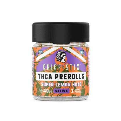 A product image showcasing the "Chief Stix THCA Preroll 40ct Super Lemon Haze - Sativa" The packaging features a sleek and modern design with bold branding and the strain name "Super Lemons Haze" prominently displayed. The box contains 40 prerolls and highlights its Sativa strain characteristics. The packaging has a clean, professional appearance with a focus on quality, appealing to both retailers and consumers.