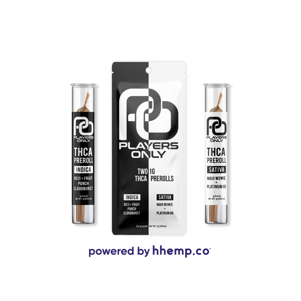 An image showing two "Players Only 2ct THCA Preroll" joints, with a focus on the different strains available. The packaging is visible, indicating whether the pre-rolls are Indica or Sativa. The product’s sleek, professional appearance is highlighted, with clear labeling for easy identification of the strain type.