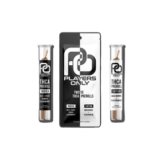 An image showing two "Players Only 2ct THCA Preroll" joints, with a focus on the different strains available. The packaging is visible, indicating whether the pre-rolls are Indica or Sativa. The product’s sleek, professional appearance is highlighted, with clear labeling for easy identification of the strain type.