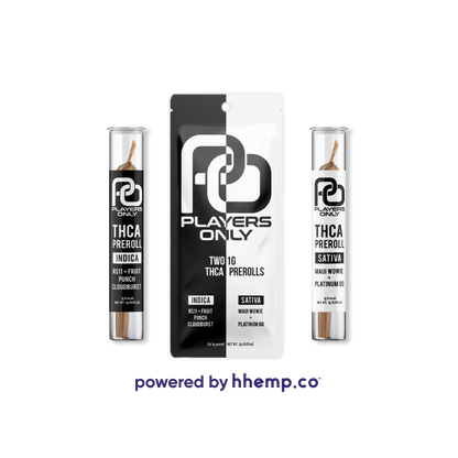 An image showing two "Players Only 2ct THCA Preroll" joints, with a focus on the different strains available. The packaging is visible, indicating whether the pre-rolls are Indica or Sativa. The product’s sleek, professional appearance is highlighted, with clear labeling for easy identification of the strain type.