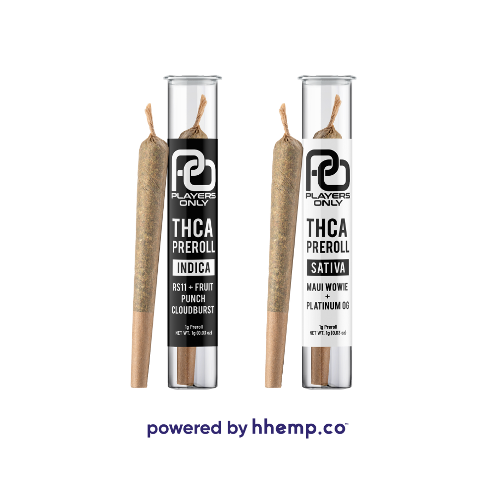 An image showcasing the individual tubes containing the "Players Only 2ct THCA Preroll" joints. Each tube is clearly labeled for Indica or Sativa strains. The tubes have a practical, travel-friendly design with a clear label, making it easy for consumers to distinguish between the different strains.