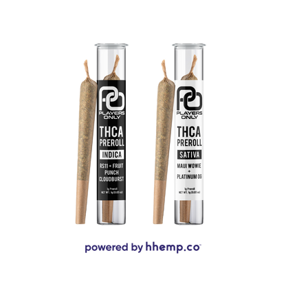An image showcasing the individual tubes containing the "Players Only 2ct THCA Preroll" joints. Each tube is clearly labeled for Indica or Sativa strains. The tubes have a practical, travel-friendly design with a clear label, making it easy for consumers to distinguish between the different strains.