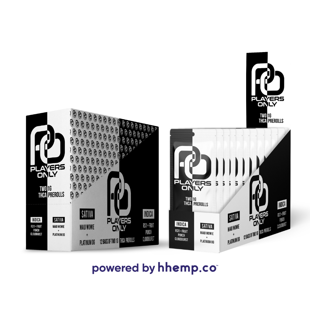 A box of "Players Only 2ct THCA Preroll" featuring two pre-rolled joints. The box design is sleek and modern, with clear branding and product information. The front of the box displays the product name prominently, and the overall color scheme and graphics are designed to attract attention and emphasize the high-quality nature of the pre-rolls