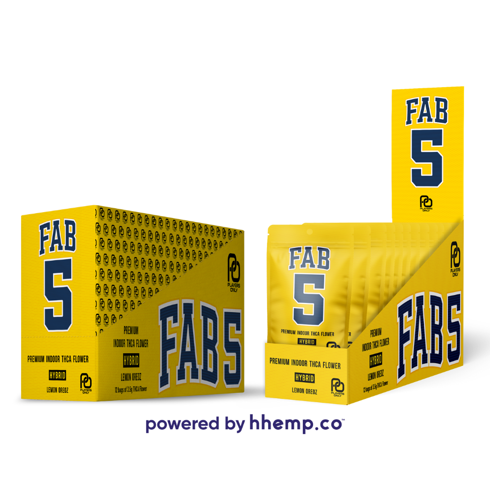 A POS box containing "Players Only 3.5g THCA Flower" with the "Fab 5 Lemon Oreoz" strain. The box features vibrant yellow color with purple lettering. The design includes the product name prominently displayed. The overall appearance is modern and appealing, designed to attract attention on store shelves.