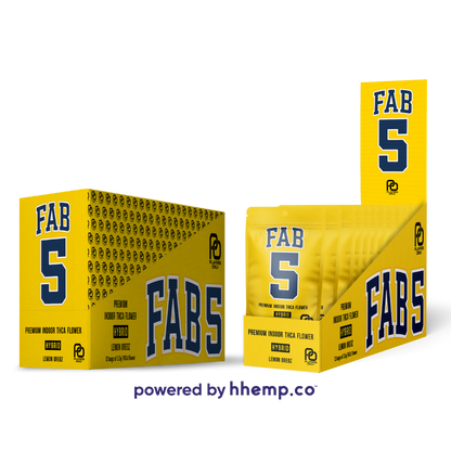 A POS box containing "Players Only 3.5g THCA Flower" with the "Fab 5 Lemon Oreoz" strain. The box features vibrant yellow color with purple lettering. The design includes the product name prominently displayed. The overall appearance is modern and appealing, designed to attract attention on store shelves.
