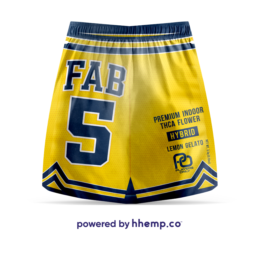 The front view of the "Players Only 3.5g THCA Flower" pouch for the "Fab 5 Lemon Gelato" strain. The pouch features a bright and vibrant design with lemon-yellow and blue-colored accents, prominently displaying the strain name and flavor profile. The label includes eye-catching graphics and branding.