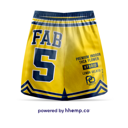 The front view of the "Players Only 3.5g THCA Flower" pouch for the "Fab 5 Lemon Gelato" strain. The pouch features a bright and vibrant design with lemon-yellow and blue-colored accents, prominently displaying the strain name and flavor profile. The label includes eye-catching graphics and branding.
