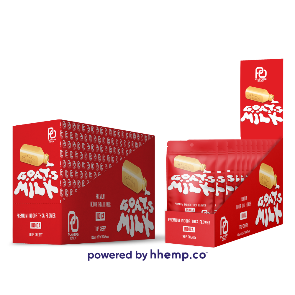 A POS box containing "Players Only 3.5g THCA Flower" with the "Goats Milk Trop Cherry" strain. The box features vibrant red and a spilling milk bottle. The design includes the product name prominently displayed. The overall appearance is modern and appealing, designed to attract attention on store shelves.