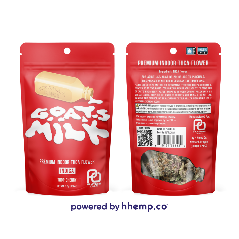 A dual image showing the front and back of the "Players Only 3.5g THCA Flower" pouch for the "Goats Milk Trop Cherry" strain. The front of the pouch features the product name and strain information in bold text with a vibrant tropical cherry design. The back of the pouch provides additional product details, including ingredients and usage instructions. The packaging maintains a cohesive tropical theme with colorful, eye-catching graphics