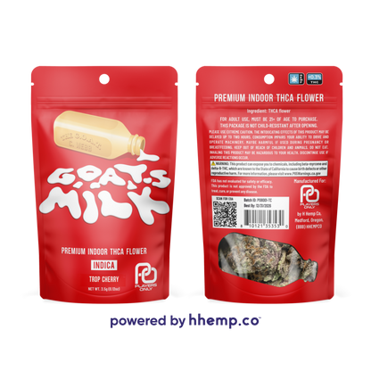 A dual image showing the front and back of the "Players Only 3.5g THCA Flower" pouch for the "Goats Milk Trop Cherry" strain. The front of the pouch features the product name and strain information in bold text with a vibrant tropical cherry design. The back of the pouch provides additional product details, including ingredients and usage instructions. The packaging maintains a cohesive tropical theme with colorful, eye-catching graphics