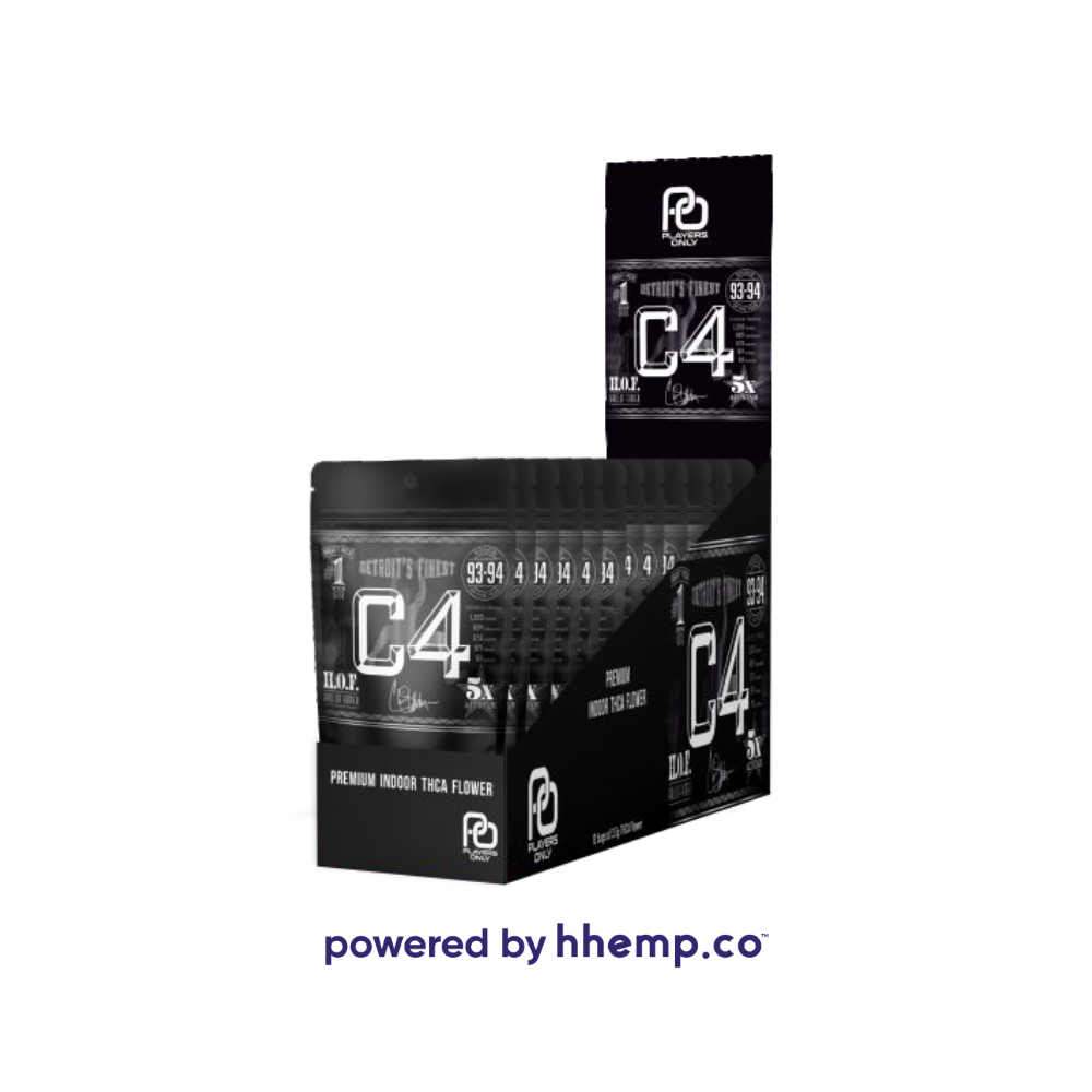 A POS box containing "Players Only 3.5g THCA Flower" with the "C4" strain. The design includes the product name prominently displayed. The overall appearance is modern and appealing, designed to attract attention on store shelves.