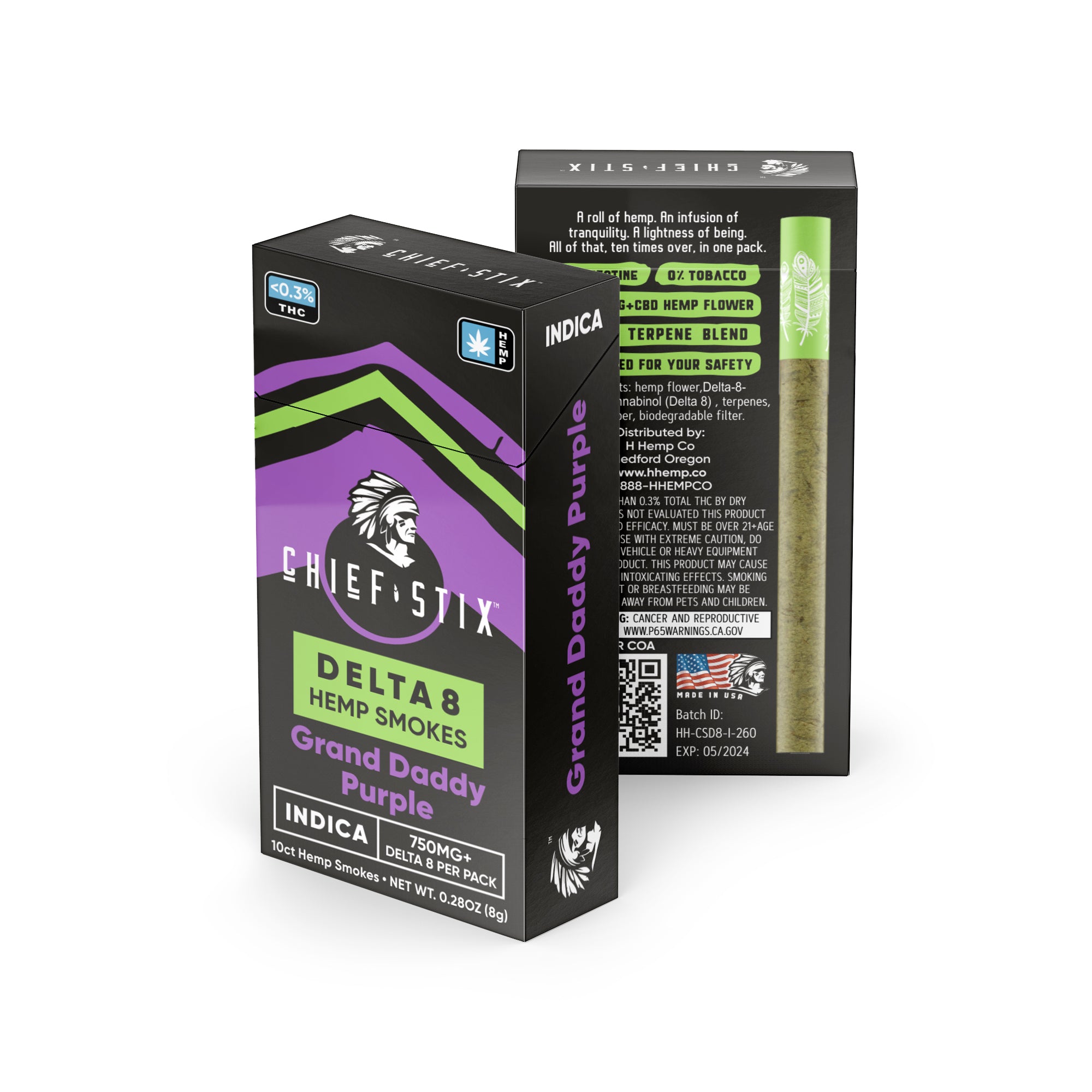 Chief Stix Delta8 Hemp Smokes 750mg Grand Daddy Purple (10ct) - Carton
