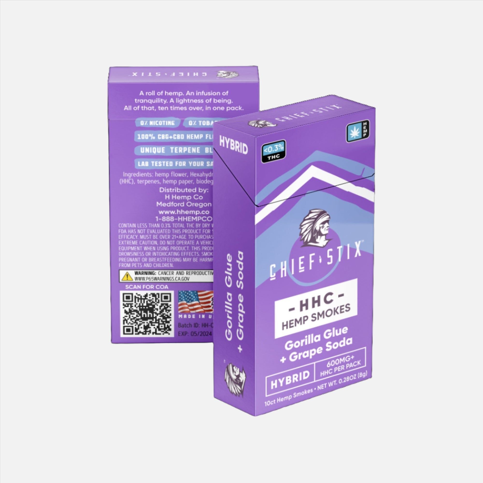 Chief Stix HHC Infused Hemp Smokes Gorilla Glue + Grape Soda Hybrid 600mg (10ct) - Carton