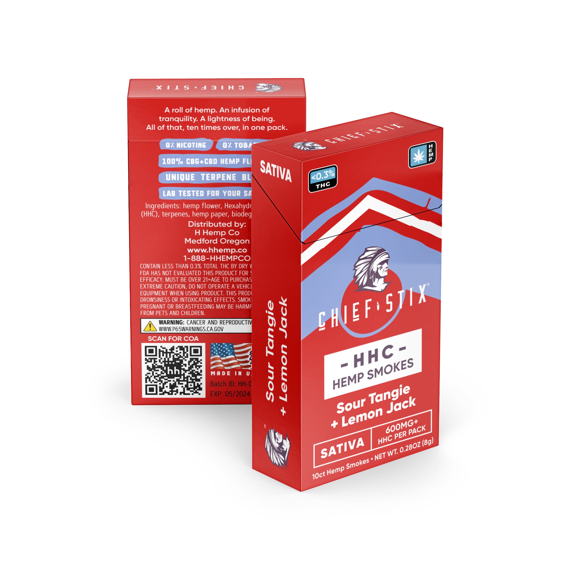 Chief Stix HHC Infused Hemp Smokes Sour Tangie + Lemon Jack Sativa 600mg (10ct) - Carton